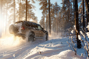photorealistic view off road car with nature terrain weather conditions scaled
