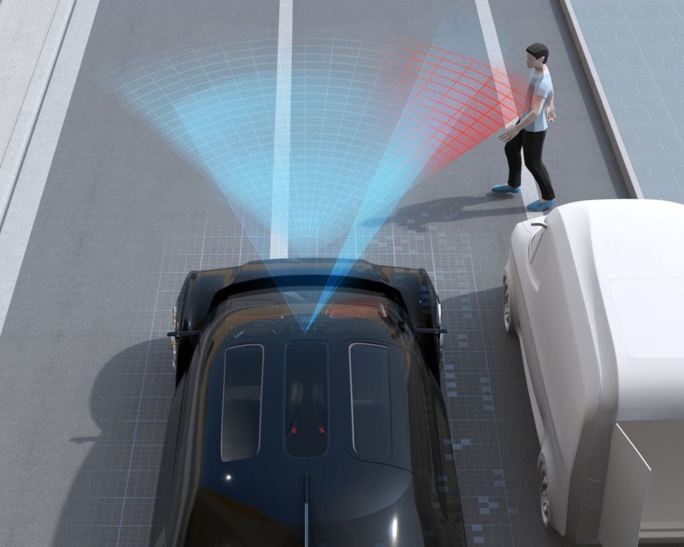 Illustration of ADAS windshield camera recalibration detecting a pedestrian and nearby vehicle for safe driving assistance.