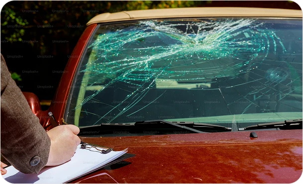 Person inspecting and documenting damage to a vehicle with a severely cracked windshield before auto glass repair or replacement.