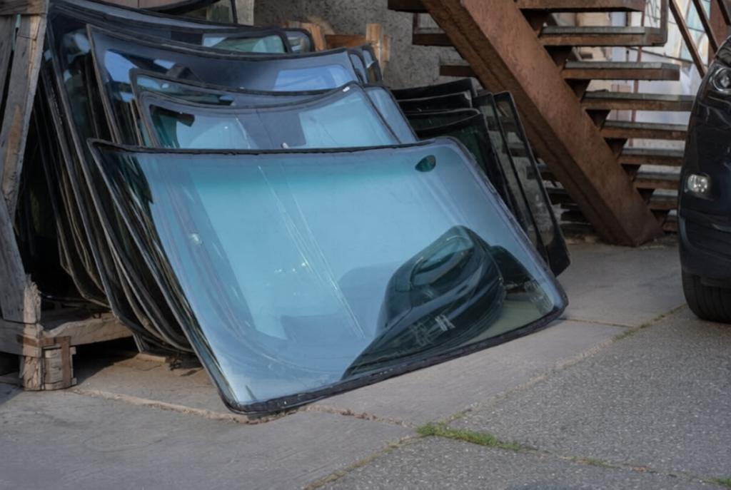 Heaps of used demolished windshield front car glass. Car service insurance.