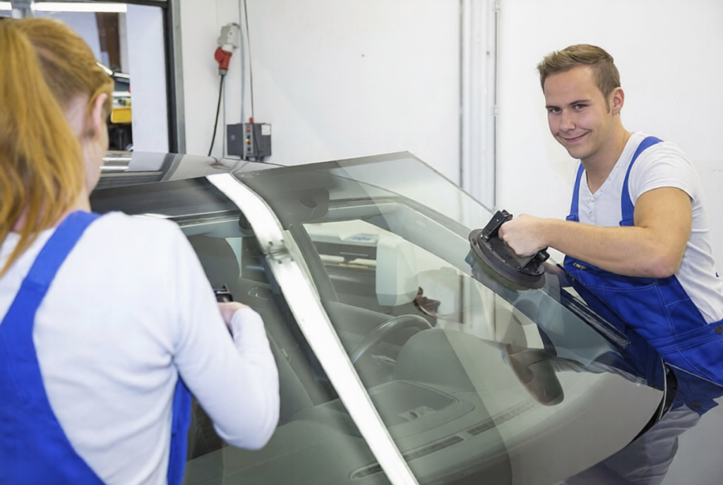 Two glaziers in garage replace windshield or windscreen on ca