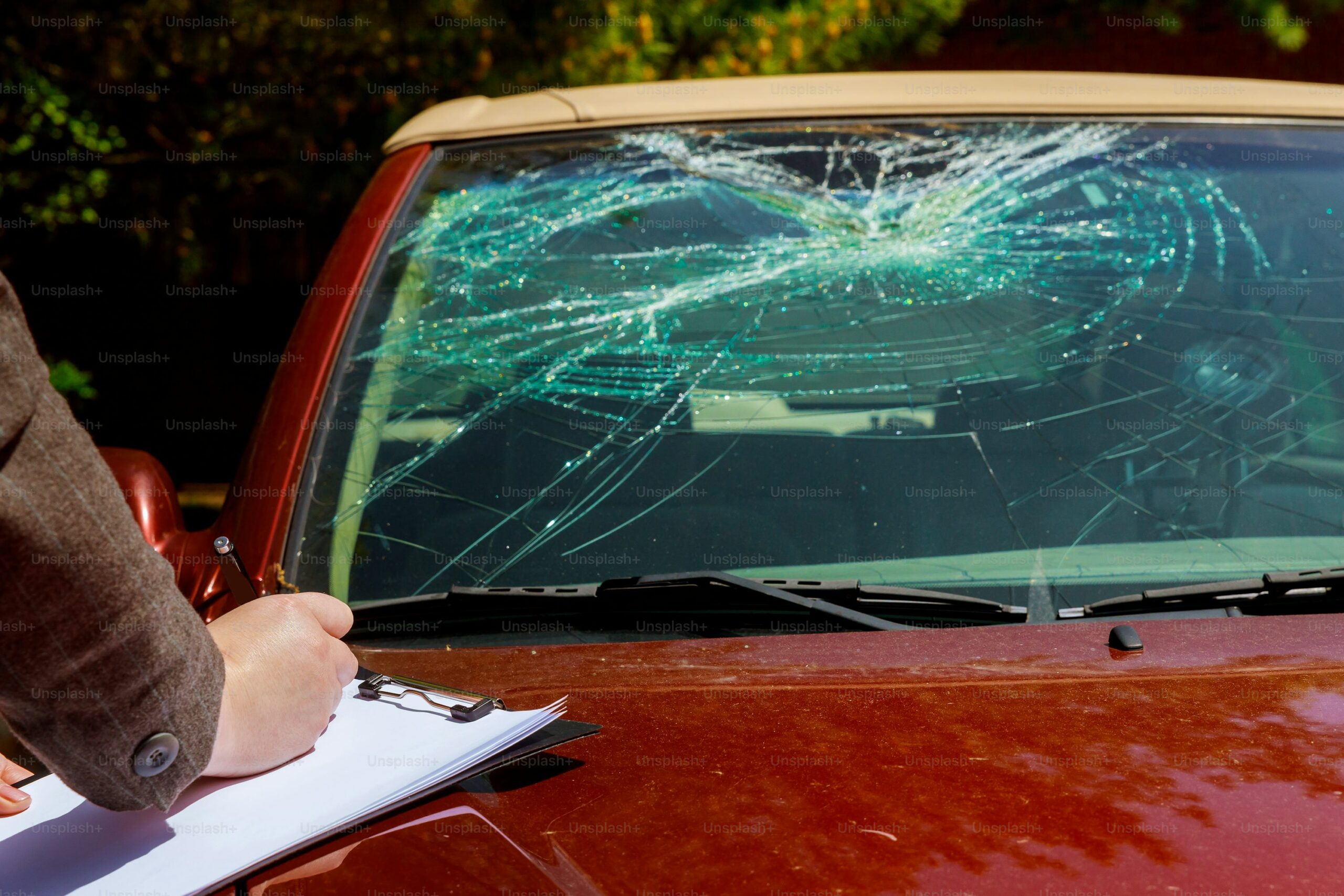 Person inspecting and documenting damage to a vehicle with a severely cracked windshield before auto glass repair or replacement.