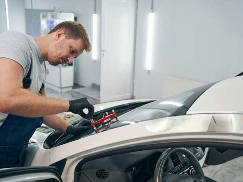 Closeup of man working with vacuum filler repair cracks in windshield