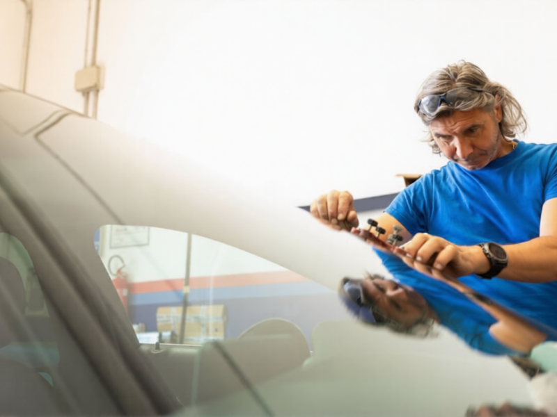 Glazier in blue shirt looks at the windshield of a car after repairing it