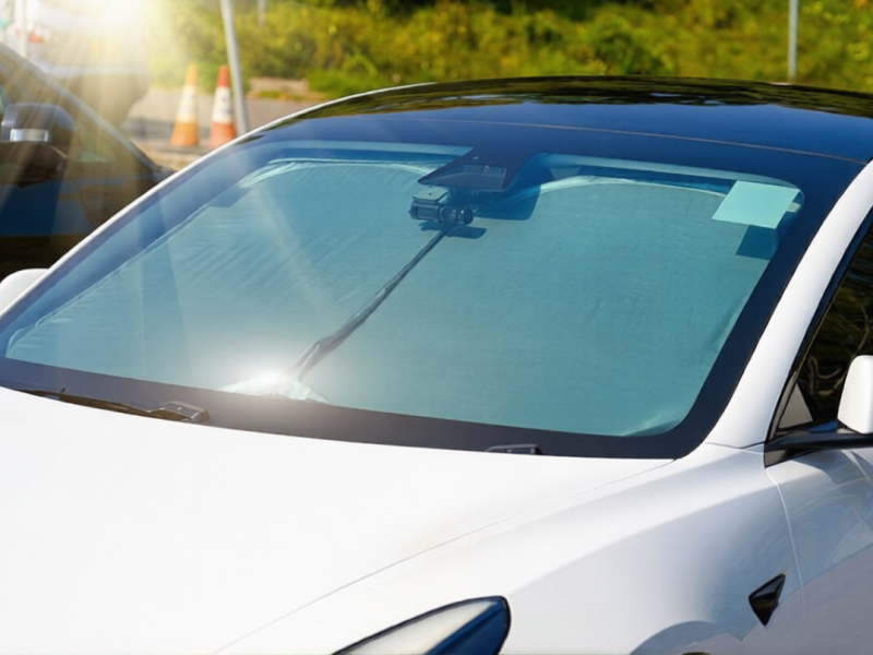 Protective reflective matte surface under the windshield of the passenger car parked on a hot day
