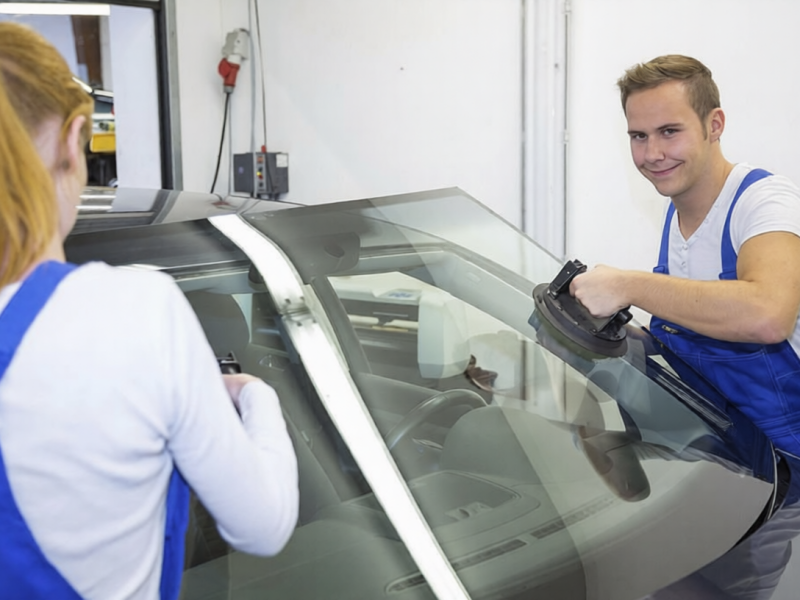 Two glaziers in garage replace windshield or windscreen on ca