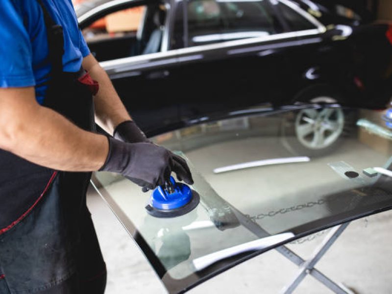 Replacement of car glass in a car service.