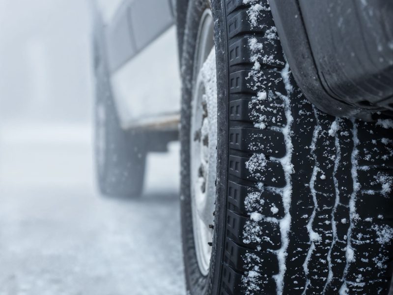 close up-car tire snowy road