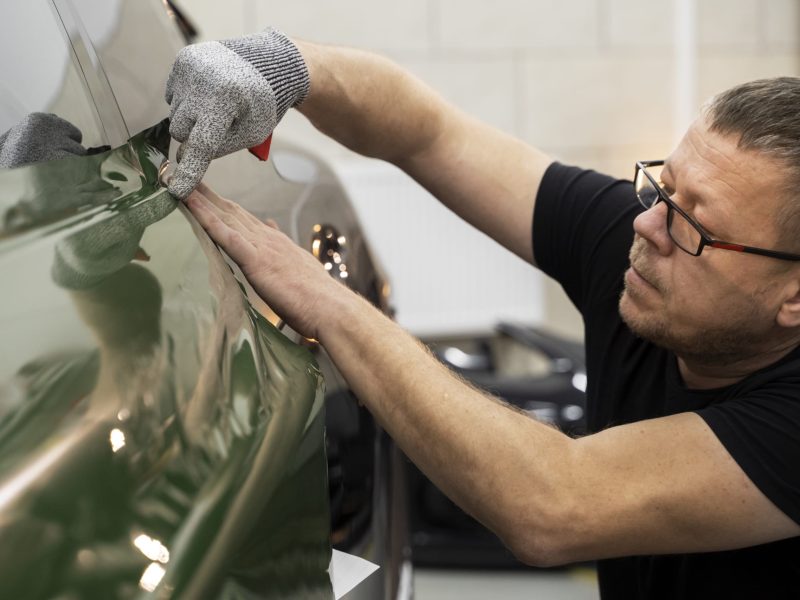 a person working on car windshield