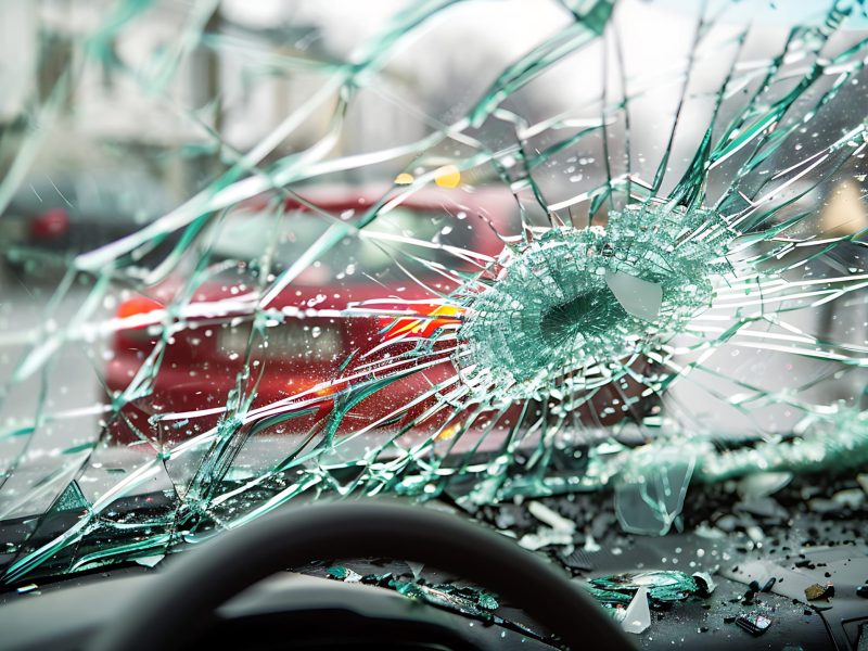 Shattered car windshield from inside, sunlight filtering, high detail, ultra-realistic
